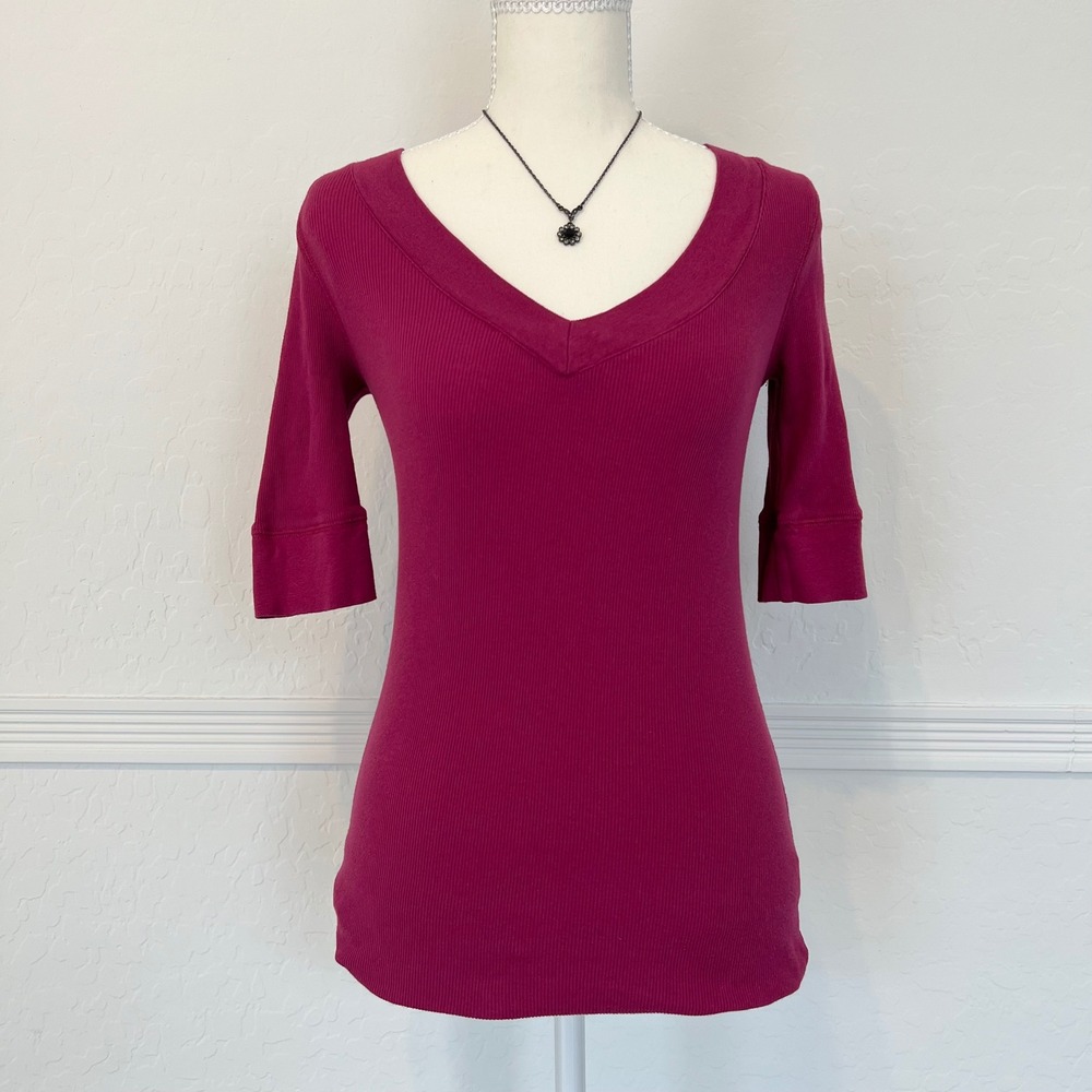 vintage magenta quarter sleeve fitted v-neck top